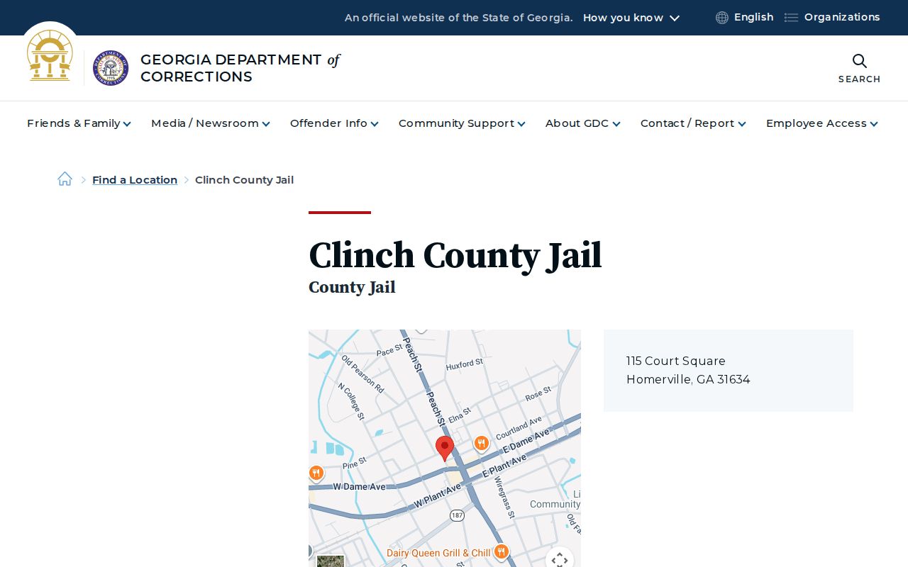 Official Clinch County Jail directory entry